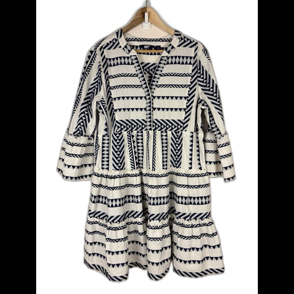 Lands End White Blue Stripe Dress Ruffle Tiered Skirt Size 14 16 Coastal Classic
